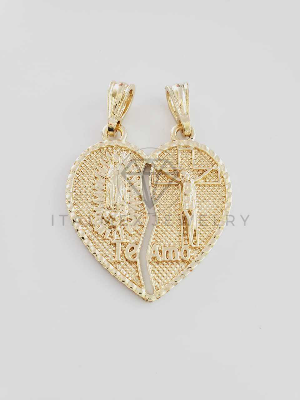 Dije Elegante - 102351 - Corazón Partido Virgen y Cristo Tamaño Mediana Oro Laminado 18K
