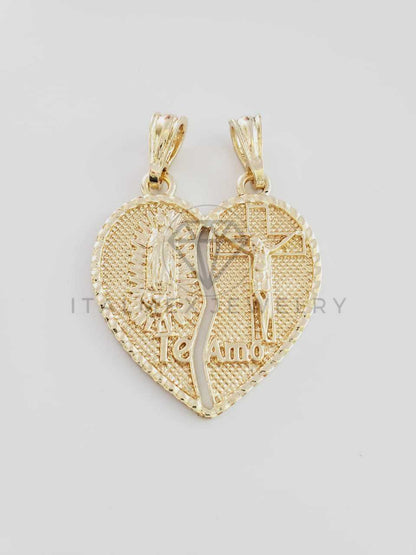 Dije Elegante - 102351 - Corazón Partido Virgen y Cristo Tamaño Mediana Oro Laminado 18K