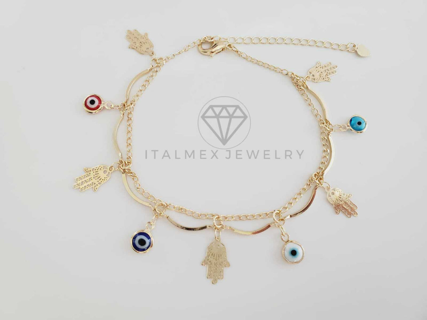 Tobillera Ajustable - 102724 - Diseño de Mano Hamsa con Ojo Turco Colores Oro Laminado 18K
