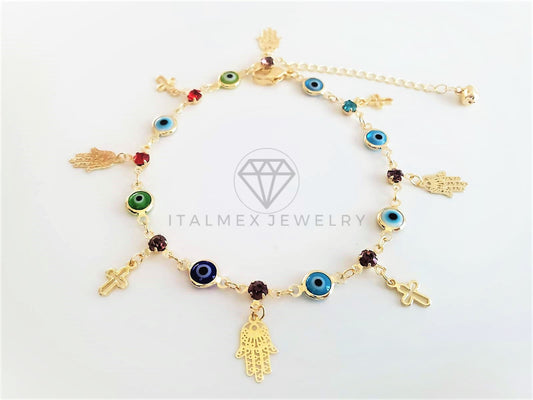 Tobillera Ajustable - 102704 - Diseño de Mano Hamsa y Cruz con CZ Color Oro Laminado 18K