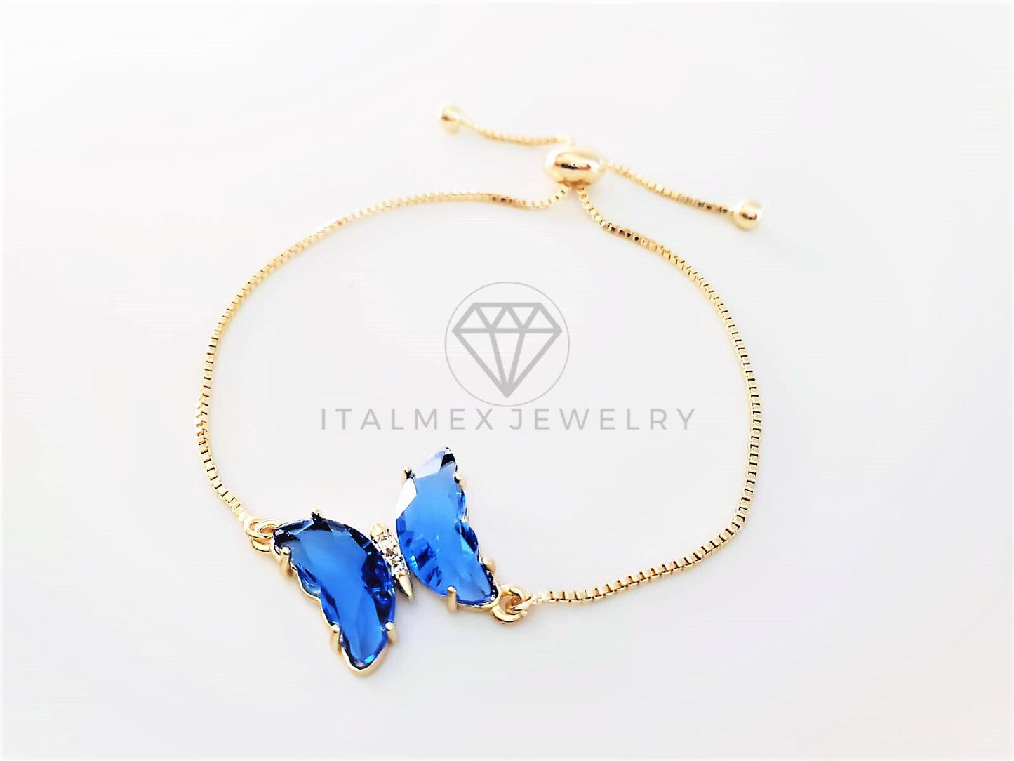 Pulsera de Lujo - 103199 - Diseño Ajustable con Mariposa CZ Azul Oro Laminado 18K