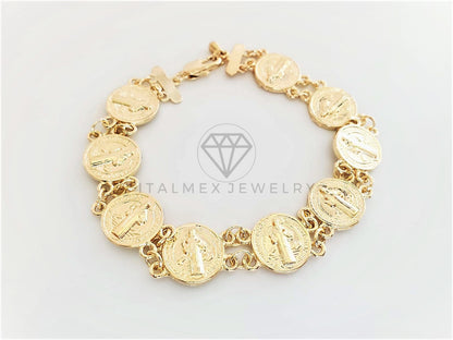 Pulsera de Lujo - 102849 - Diseño Moneda San Benito Dorada Oro Laminado 18K