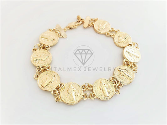 Pulsera de Lujo - 102849 - Diseño Moneda San Benito Dorada Oro Laminado 18K