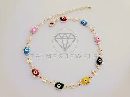 Tobillera de Lujo - 105326 - Tobillera Elefantes y Ojo turco Colores Oro Laminado 18K