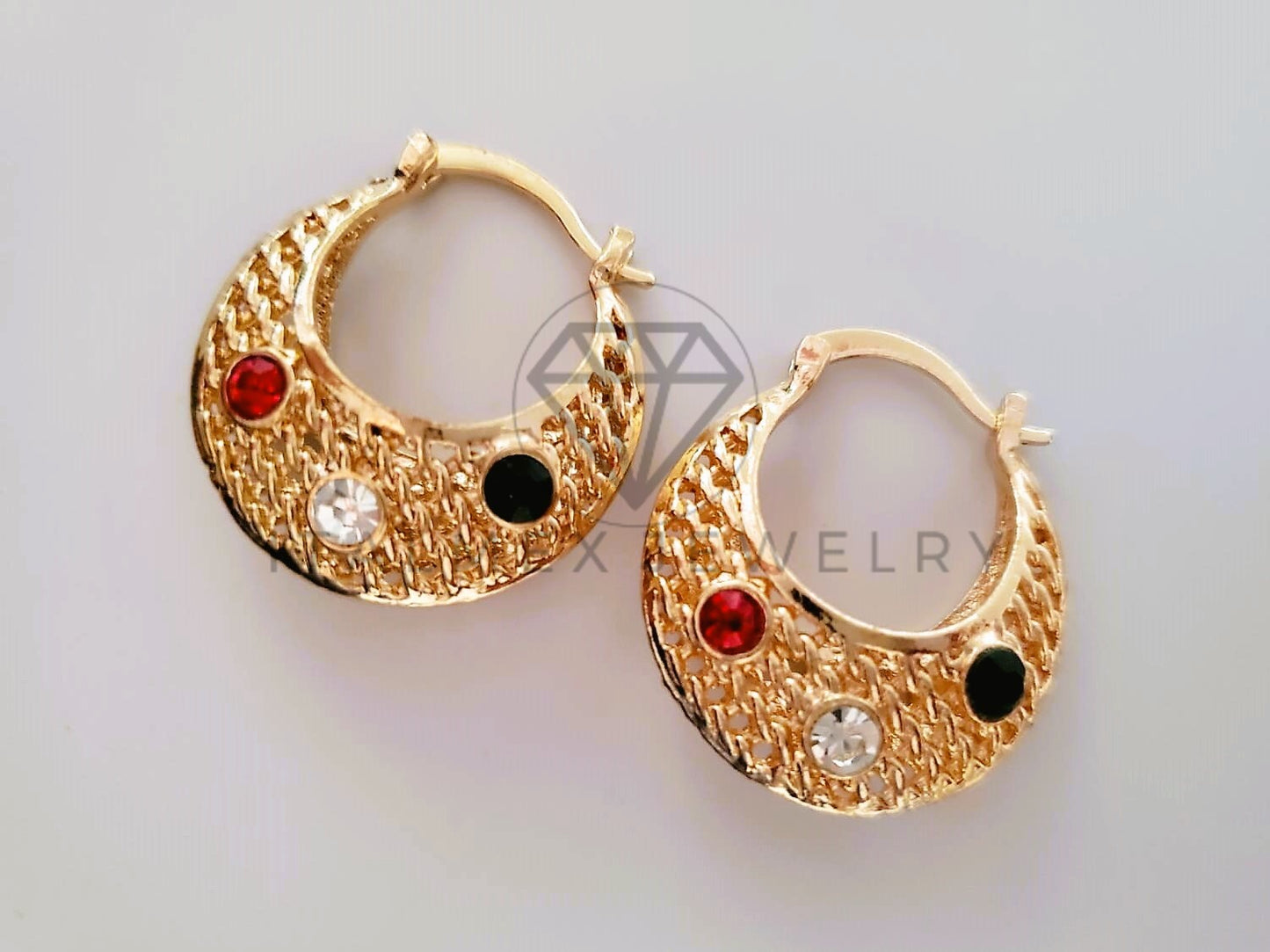Arete Elegante - 104653 - Estilo Canasta Malla CZ Tricolor Oro Laminado 18K