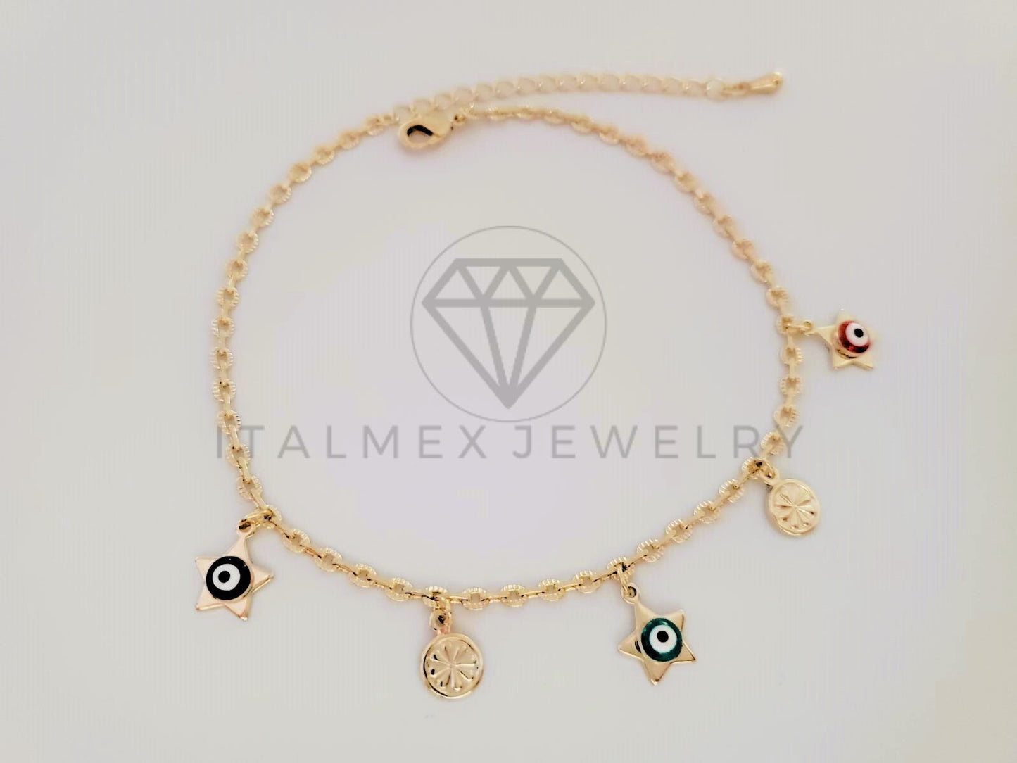Tobillera de Lujo - 105324 - Tobillera Ancla con Ojo Turco y Estrellas Colores Oro Laminado 18K