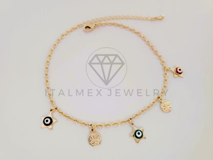 Tobillera de Lujo - 105324 - Tobillera Ancla con Ojo Turco y Estrellas Colores Oro Laminado 18K