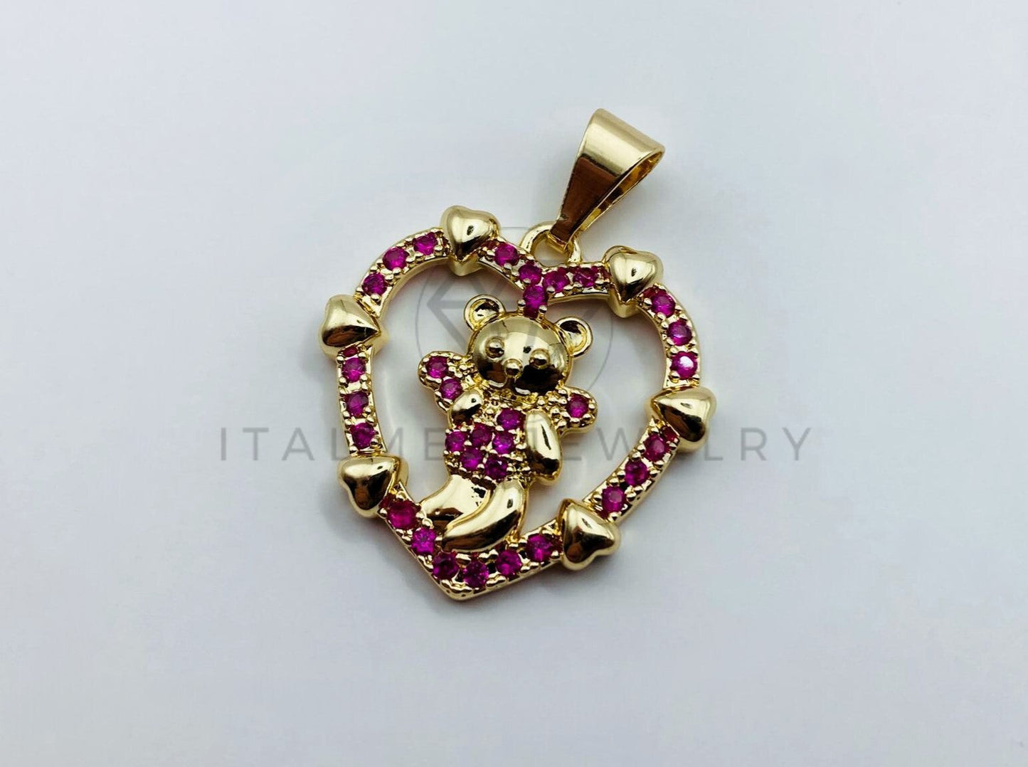Dije de Lujo - 105732 - Dije Corazon Oso Circonia Rosa Oro Laminado 18K