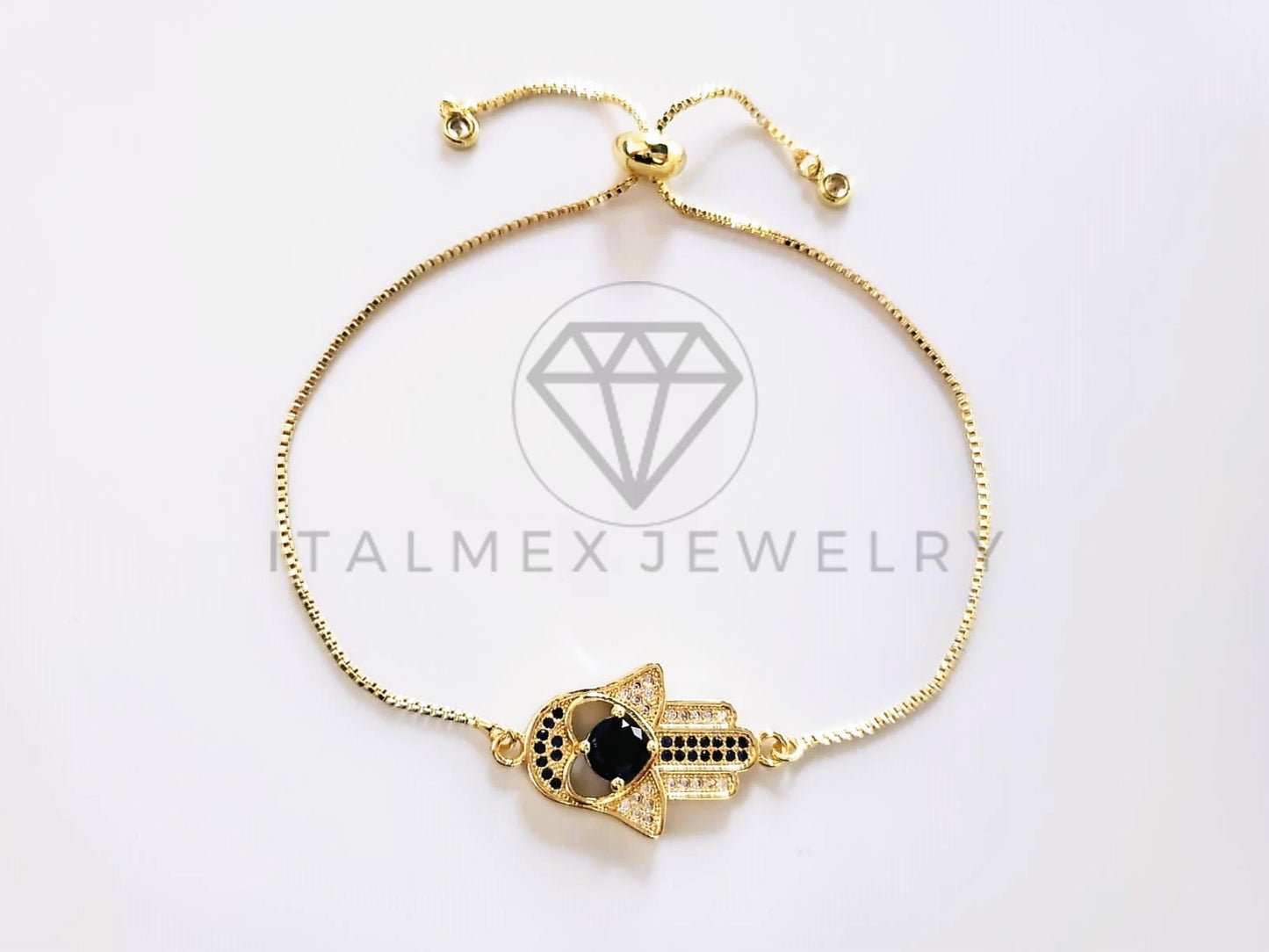 Pulsera de Lujo - 103720 - Diseño Ajustable Mano Hamsa CZ Azul Oro Laminado 18K