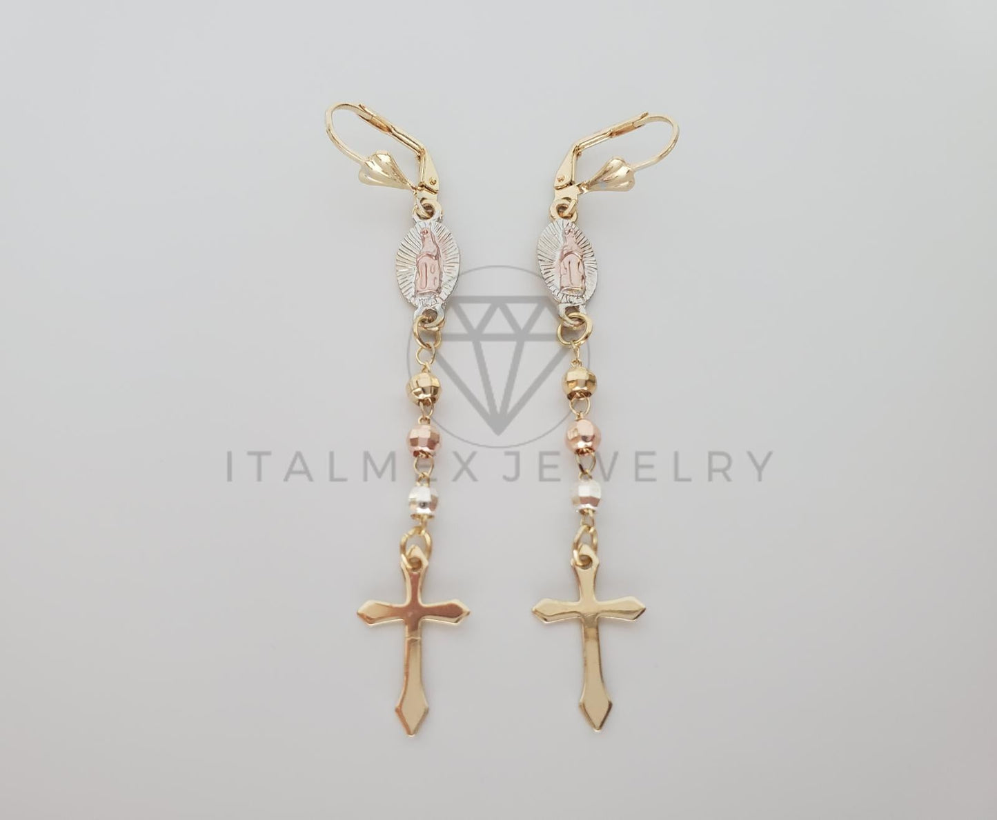 Arete de Lujo - 100770 - Arete Largo de Rosario Virgen Oro Laminado 18K