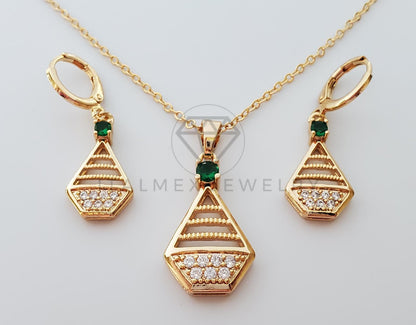 Juego de Lujo - 100615 - Diseño de Barco CZ Color Claro y Verde Oro Laminado 18K