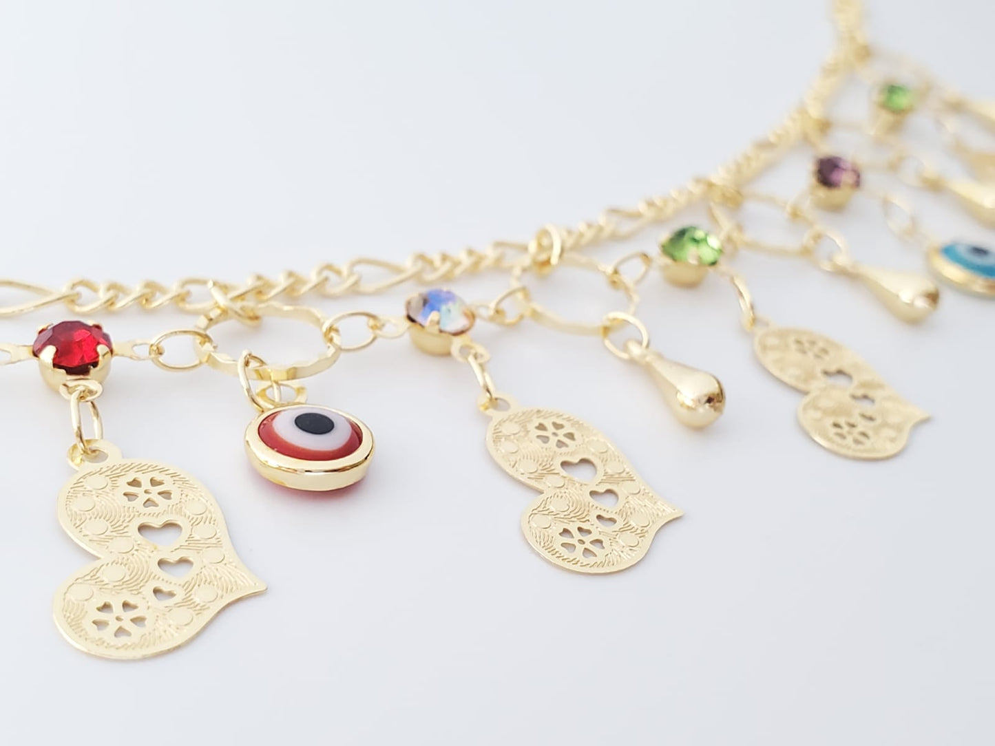 18K Gold-Plated Anklet | Heart & Evil Eye Charm | CZ Sparkle