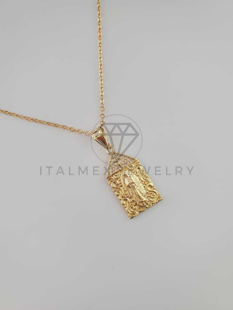 Dije Religioso - 102256 - Dije Medalla Virgen Guadalupe Cruz con CZ Blanca Oro Laminado 18K