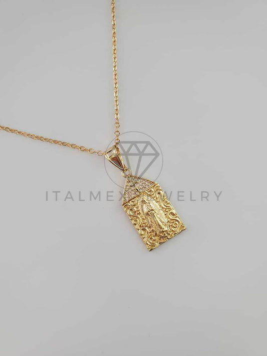 Dije Religioso - 102256 - Dije Medalla Virgen Guadalupe Cruz con CZ Blanca Oro Laminado 18K