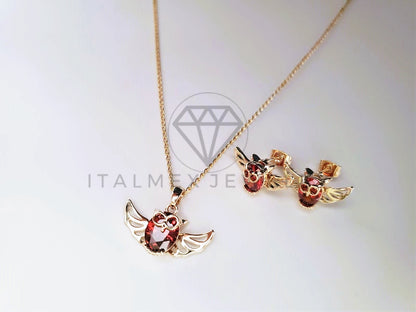 Juego de Lujo - 103789 - Diseño Buhó y Alas CZ Roja Oro Laminado 18K