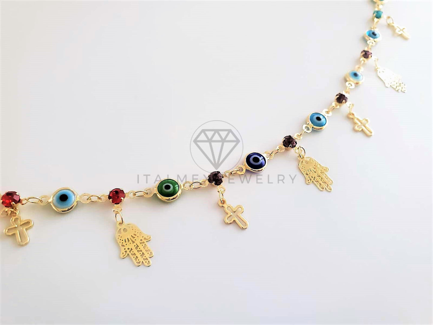 Tobillera Ajustable - 102704 - Diseño de Mano Hamsa y Cruz con CZ Color Oro Laminado 18K