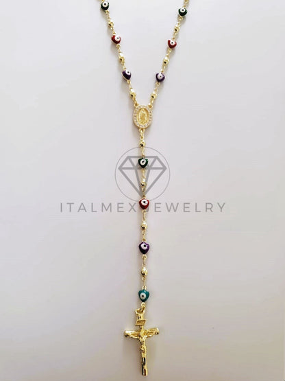 Rosario de Lujo - 104226 - Estilo Ojo Turco Corazón Medalla Virgen Oro Laminado 18K