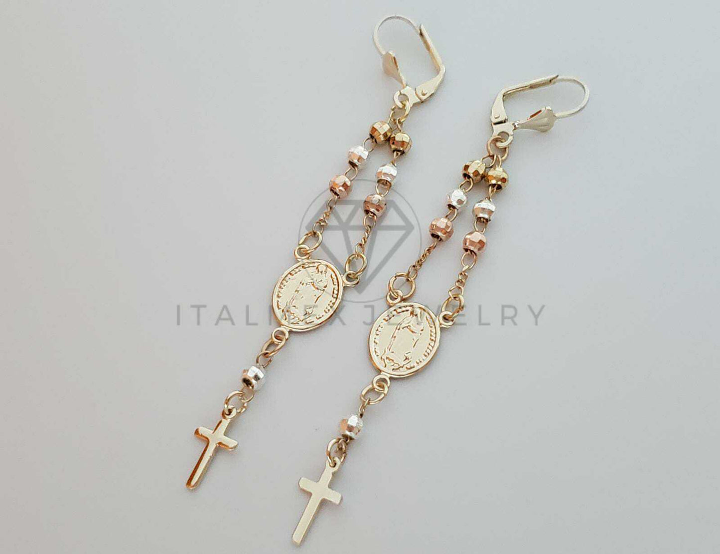Arete de Lujo - 100736 - Arete Largo diseño de Rosario Virgen 3 Tonos Oro Laminado 18K