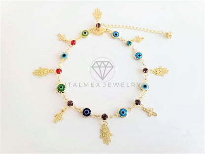 Tobillera Ajustable - 102704 - Diseño de Mano Hamsa y Cruz con CZ Color Oro Laminado 18K