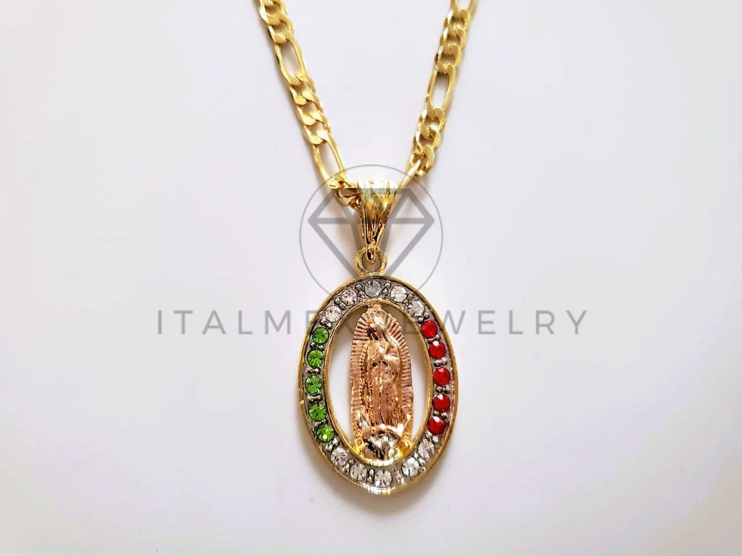 Dije Elegante - 104167 - Medalla Virgen Guadalupe Circonia Tricolor Oro Laminado 18K