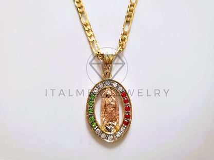 Dije Elegante - 104167 - Medalla Virgen Guadalupe Circonia Tricolor Oro Laminado 18K