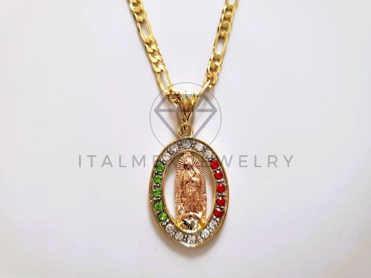 Dije Elegante - 104167 - Medalla Virgen Guadalupe Circonia Tricolor Oro Laminado 18K