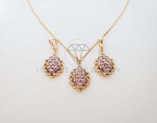 Juego de Lujo - 100618 - Diseño de CZ Color Morado Oro Laminado 18K