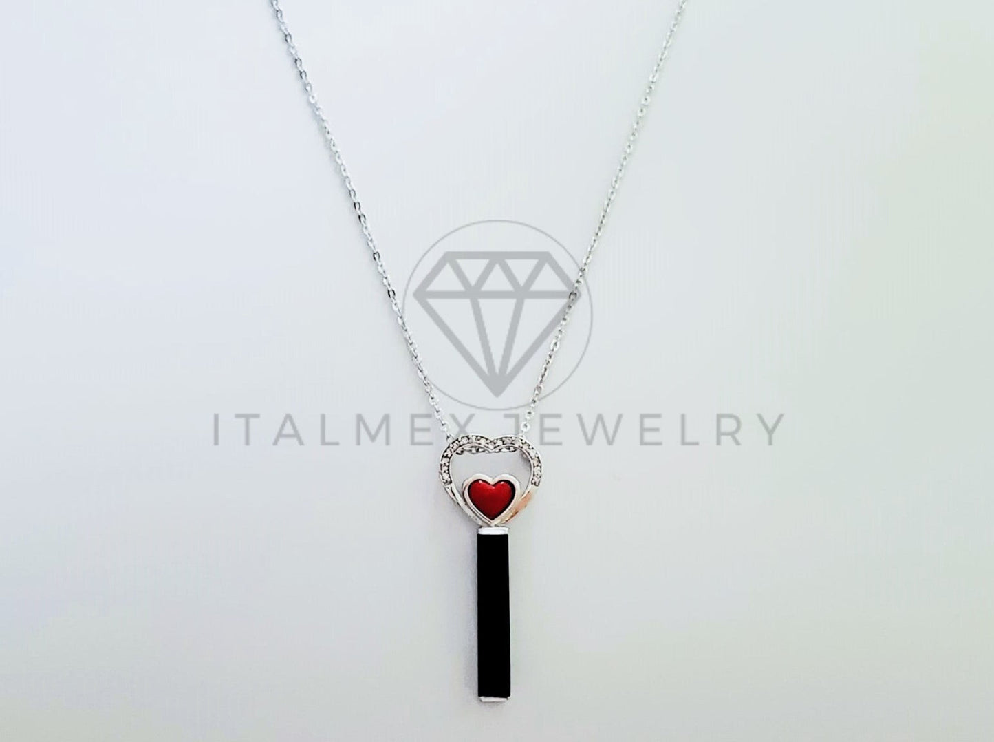 Collar de Lujo - 105225 - Collar Corazon y Barra Negra Plata .925