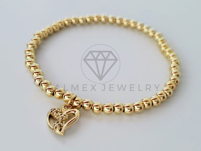 Pulsera de Lujo - 105011 - Diseño Bolitas con Corazón CZ Clara Oro Laminado 18K
