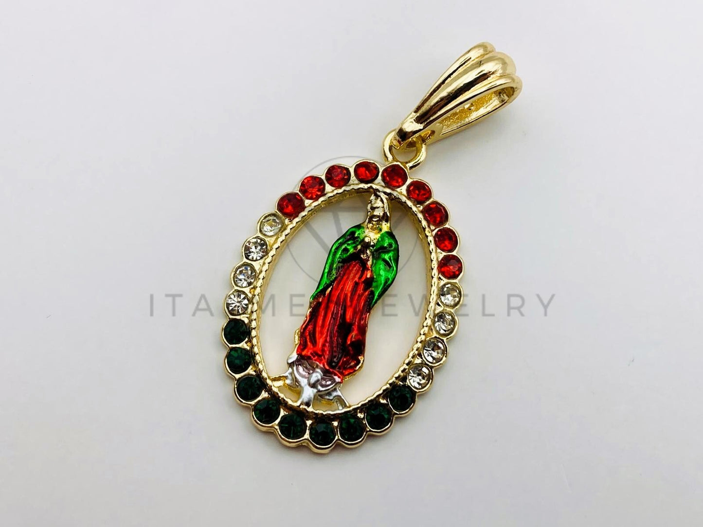 Dije de Lujo - 105658 - Virgen de Guadalupe Circonia Tricolor Oro Laminado 18K
