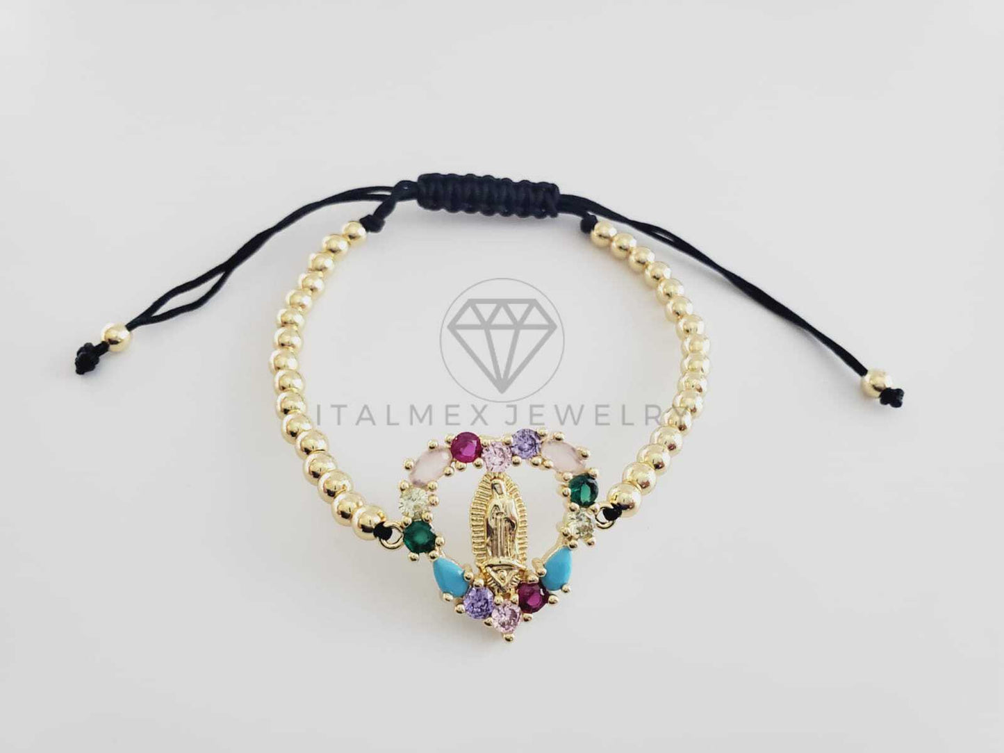 Pulsera de Lujo - 102680 - Diseño Bolitas con Virgen CZ Colores Oro Laminado 18K