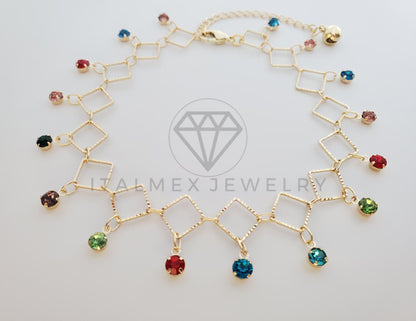 Tobillera Ajustable - 100125 - Diseño de Rombos y Circonia de Colores Oro Laminado 18K