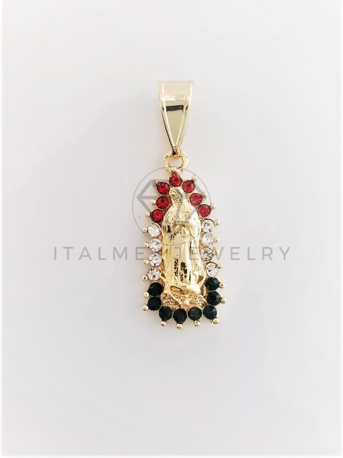 Dije Elegante - 102785 - Dije Virgen de Guadalupe CZ Tricolor Tamaño Chico Oro Laminado 18K