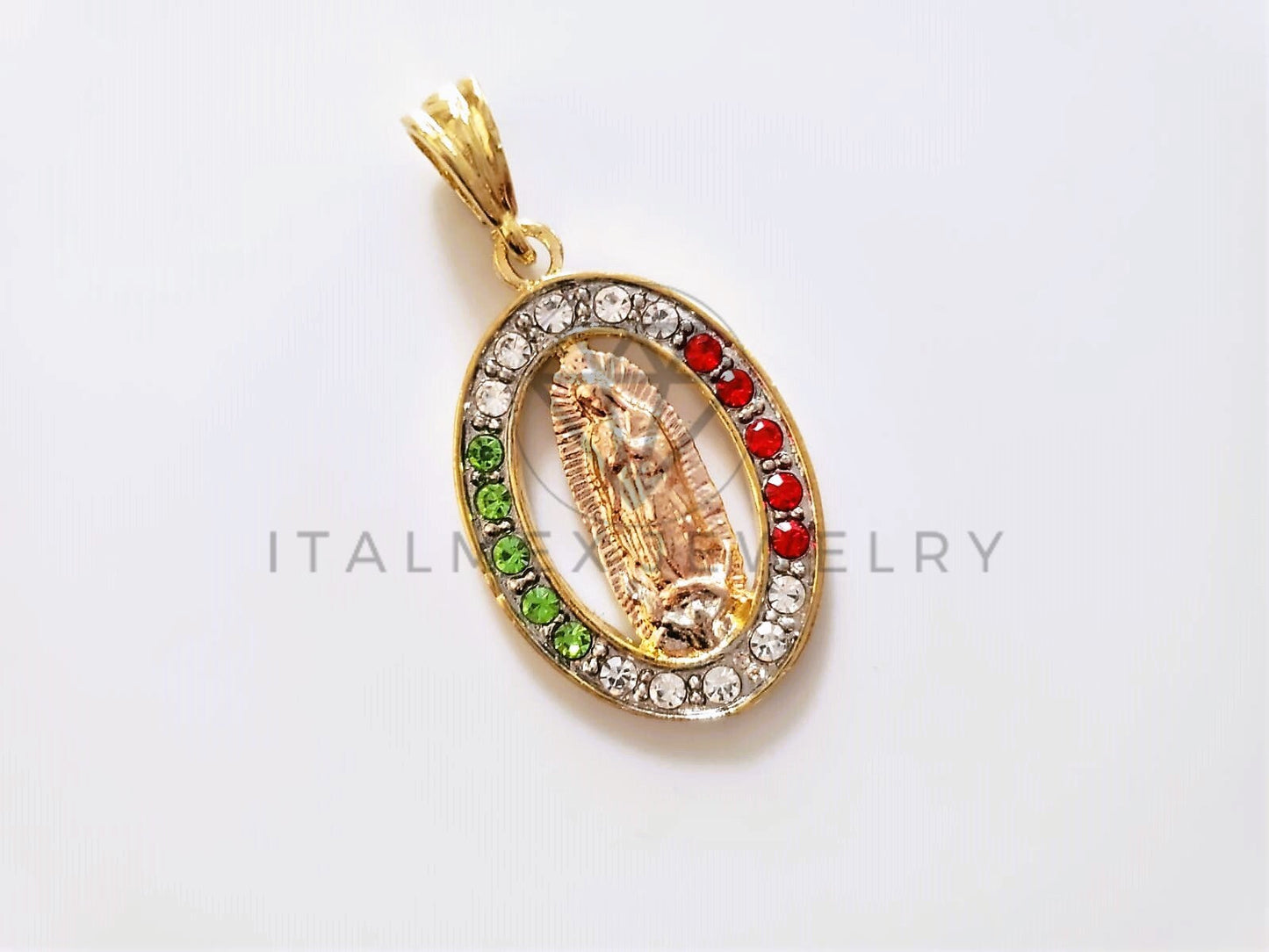 Dije Elegante - 104167 - Medalla Virgen Guadalupe Circonia Tricolor Oro Laminado 18K