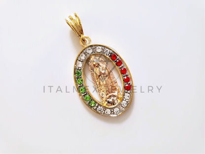 Dije Elegante - 104167 - Medalla Virgen Guadalupe Circonia Tricolor Oro Laminado 18K