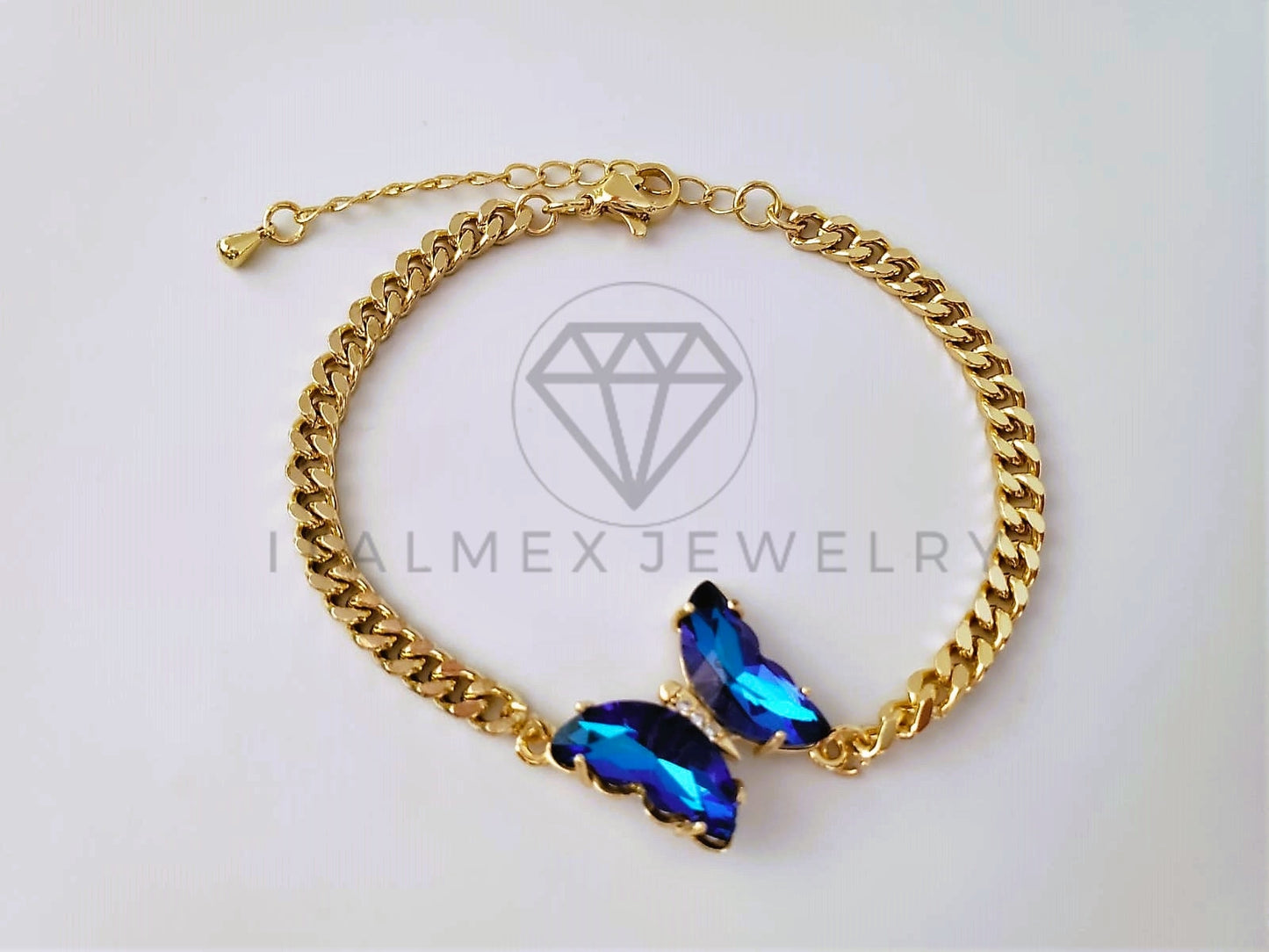 Pulsera de Lujo - 103958 - Diseño Cubana con Mariposa CZ Azul Oro Laminado 18K