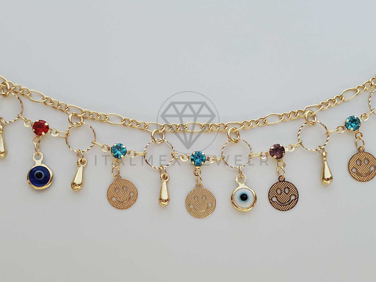 Tobillera Ajustable - 100132 - Diseño de Carita Feliz y Circonia de Colores Oro Laminado 18K