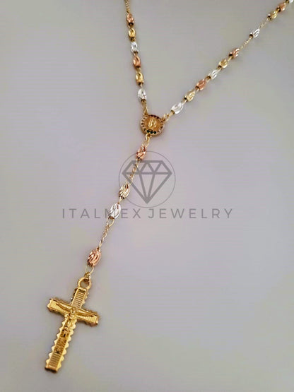 Rosario de Lujo - 104236 - Bola Rayada 3 Oros con Medalla Virgen y Circonia Oro Laminado 18K