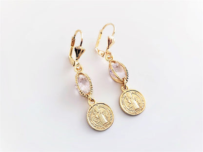 Saint Benedict Design with Clear CZ | 18K Gold-Plated Earrings