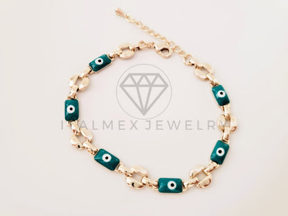 Pulsera de Lujo - 105282 - Pulsera Eslabon Italiano y Ojo Turco Azul Oro Laminado 18K