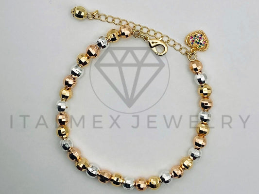 Pulsera de Lujo - 105546 - Bolitas Diamantadas con Corazón y Circonia Oro Laminado 18K