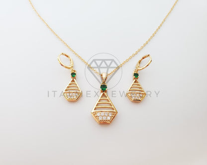 Juego de Lujo - 100615 - Diseño de Barco CZ Color Claro y Verde Oro Laminado 18K