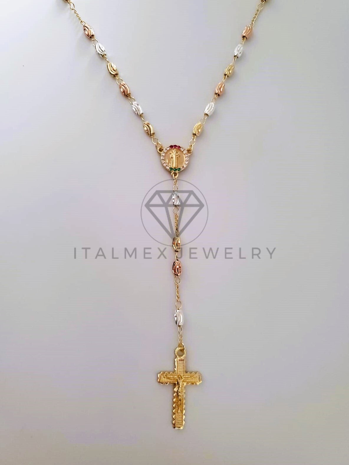 Rosario de Lujo - 104234 - Bola Rayada 3 Oros con Medalla San Judas y Circonia Oro Laminado 18K