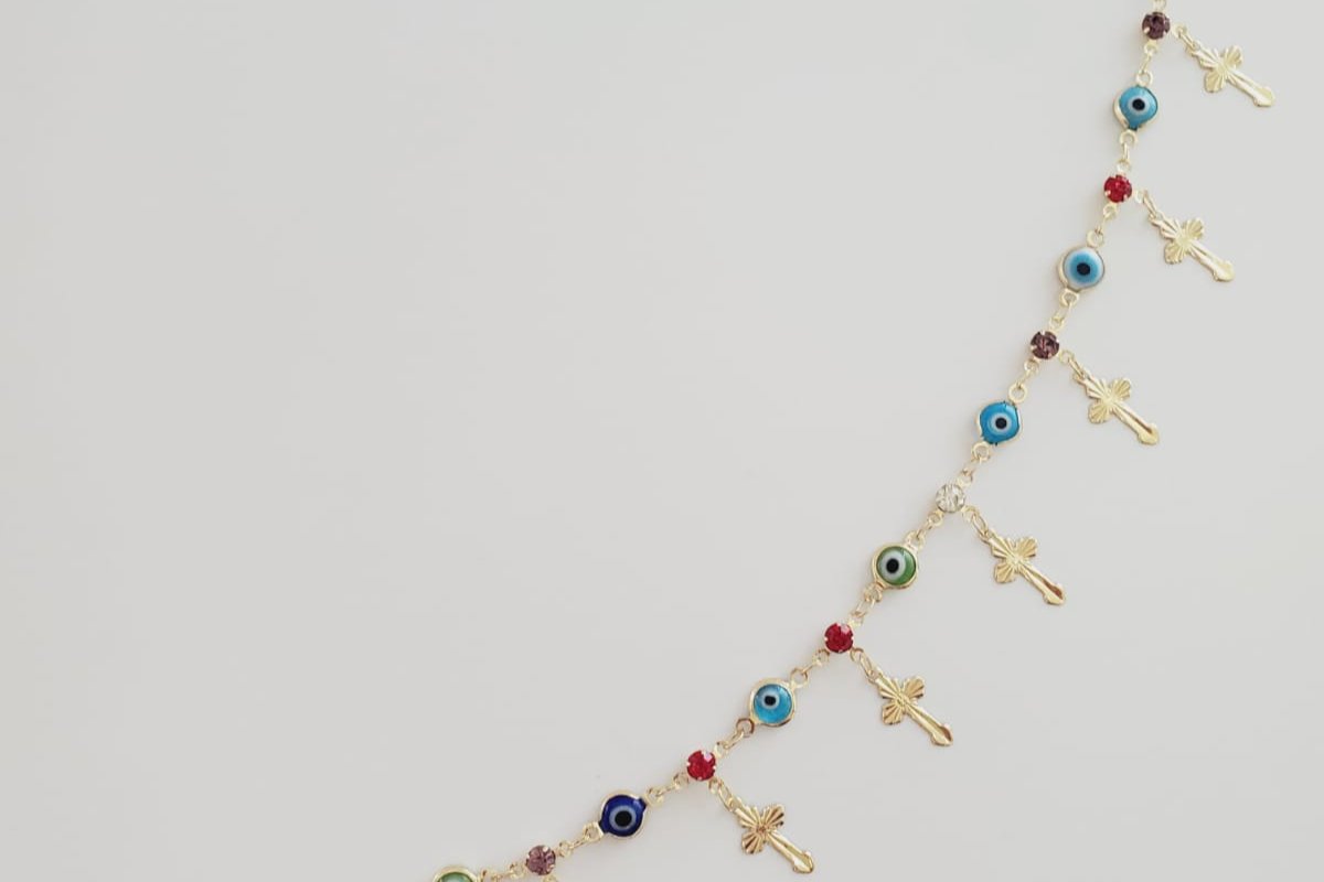 18K Gold-Plated Anklet | Crosses & Colorful CZ Evil Eye Design