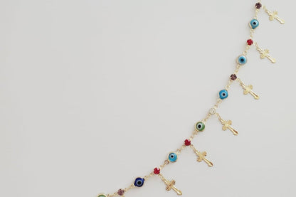 18K Gold-Plated Anklet | Crosses & Colorful CZ Evil Eye Design