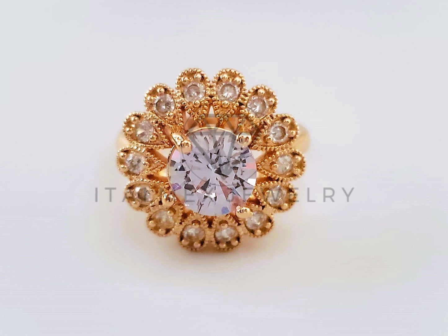 Anillo Dama de Lujo -104389 - Diseño Floral con Circonia Clara Oro Laminado 18K