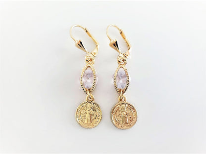 Saint Benedict Design with Clear CZ | 18K Gold-Plated Earrings