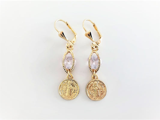 Saint Benedict Design with Clear CZ | 18K Gold-Plated Earrings