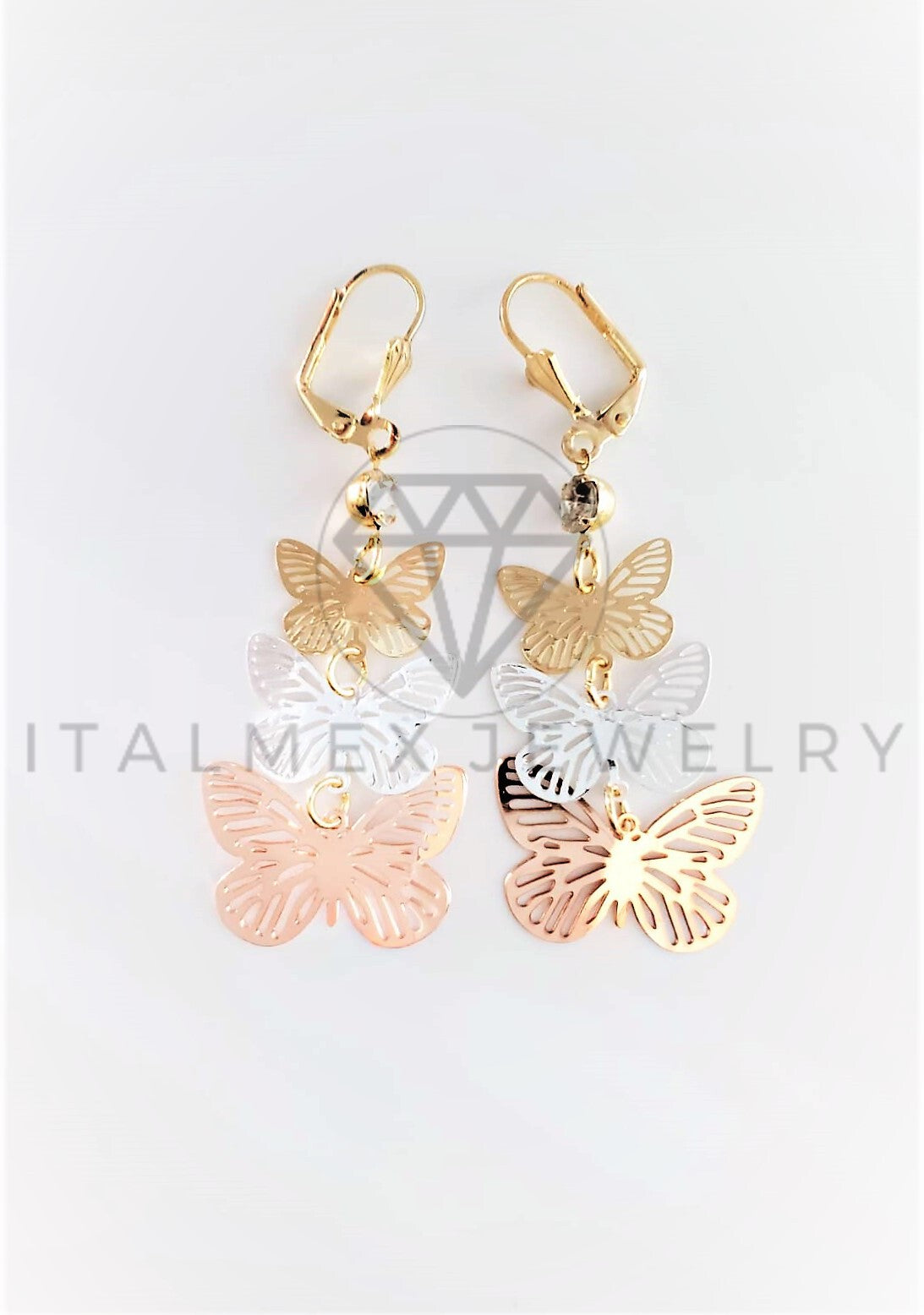 Arete de Lujo - 103010 - Arete Largo de Mariposas 3 Tonos Oro Laminado 18K