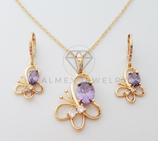 Juego de Lujo - 100648 - Diseño de Mariposa CZ Color Morada Oro Laminado 18K
